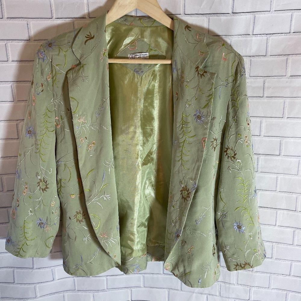 Grace Chuang Green‎ Embroidered Silk Jacket Sz L